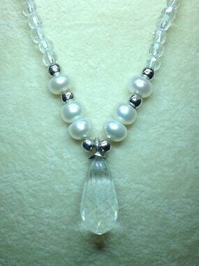 White Faceted Quartz Beads and Freshwater Pearl Necklace.